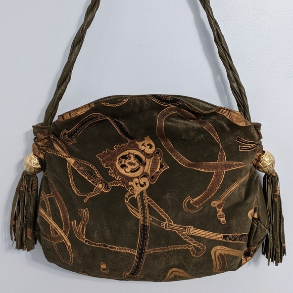Vintage Park Avenue Olive Green Equestrian Horsebit Embossed Suede Leather Bag - Picture 5 of 12